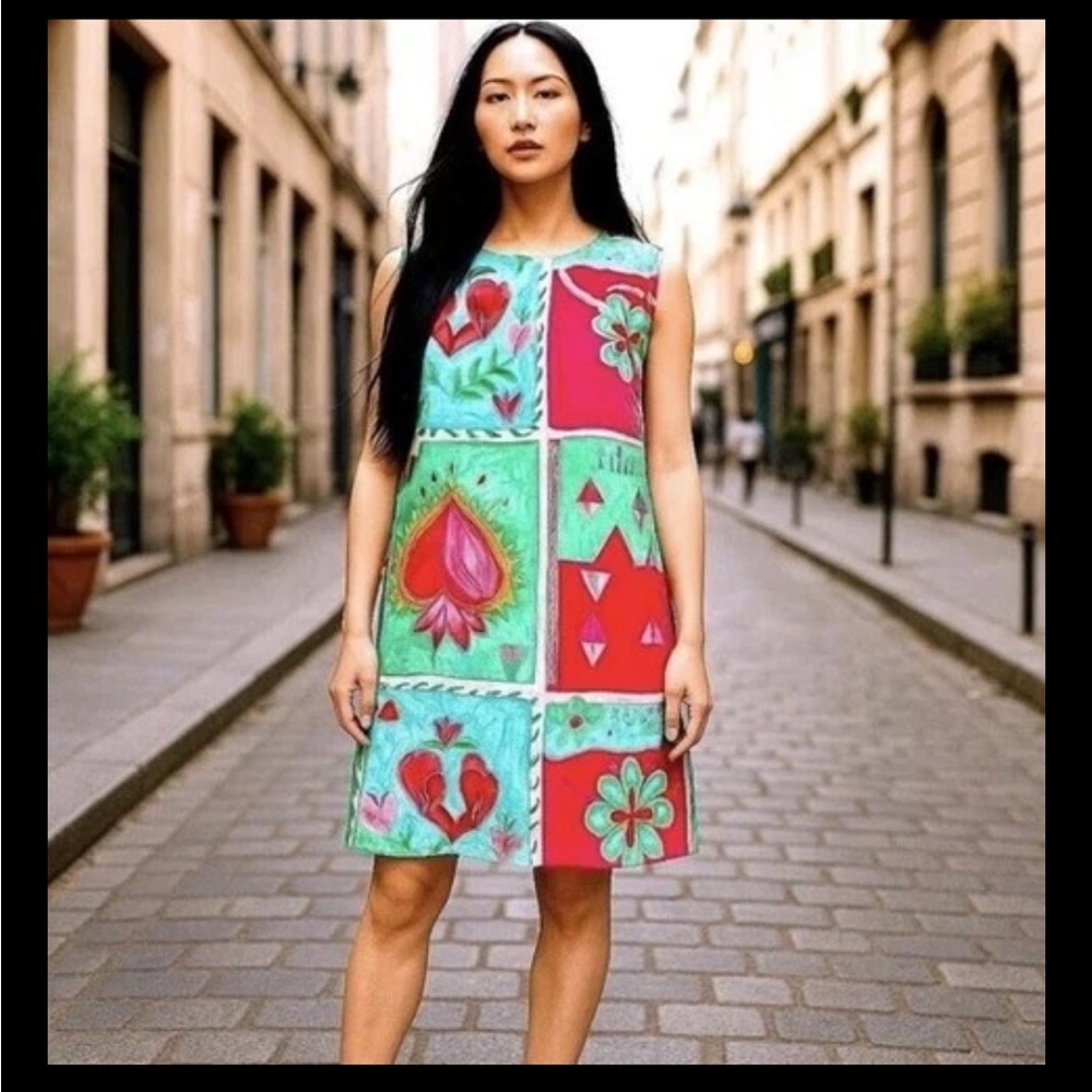 Paper Heart Dress Womens M Tarot Pop Art Shift Colorful Sleeveless Linen